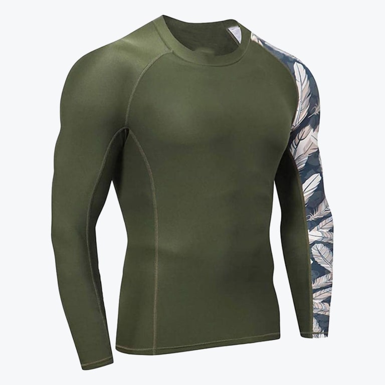 An olive green long-sleeve compression shirt with a contrasting feather-patterned left sleeve, displayed on a white background.