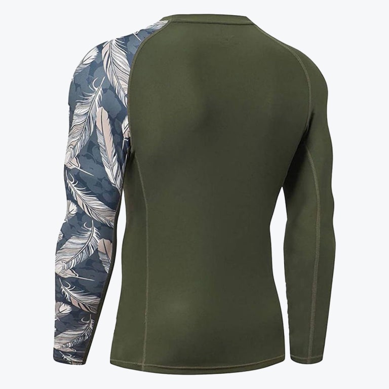 Back view of a men olive green long-sleeve compression shirt with one sleeve featuring a white and grey feather pattern.
