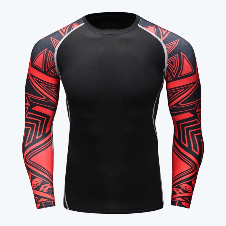 A tight-fitting black long-sleeve athletic compression shirt with red and black patterned sleeves on a white background.