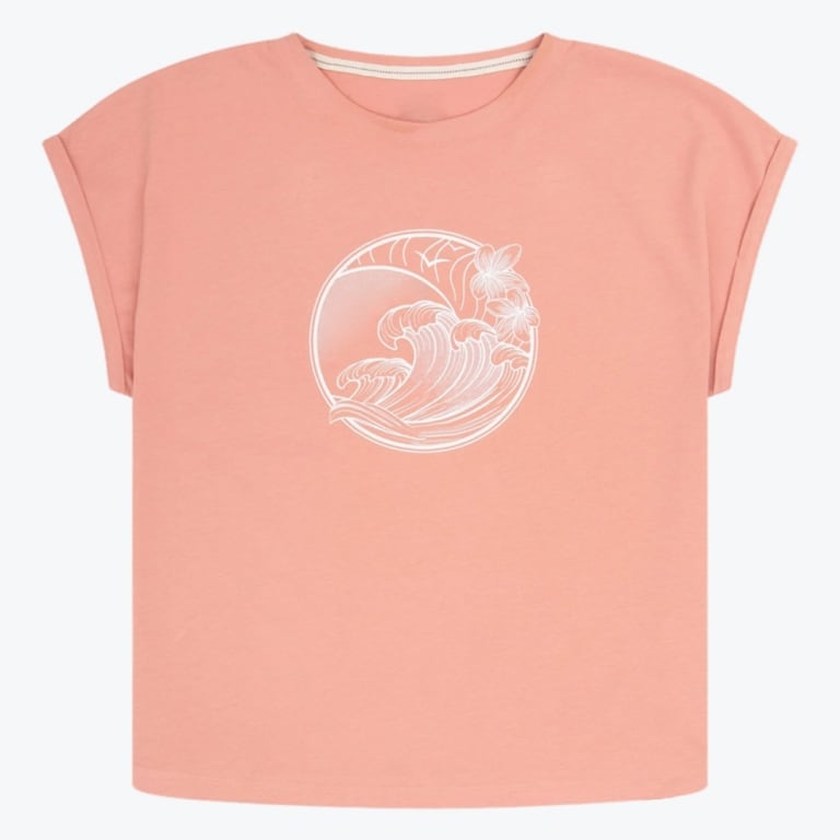 A peach-colored short-sleeve t-shirt with a white circular graphic of ocean waves and tropical flowers on the chest.