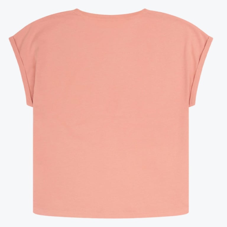 Back view of a plain peach-colored t-shirt with rolled cap sleeves.