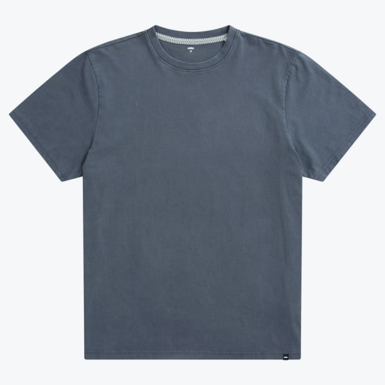 A flat lay of a slate grey crewneck t-shirt with short sleeves against a solid white background.