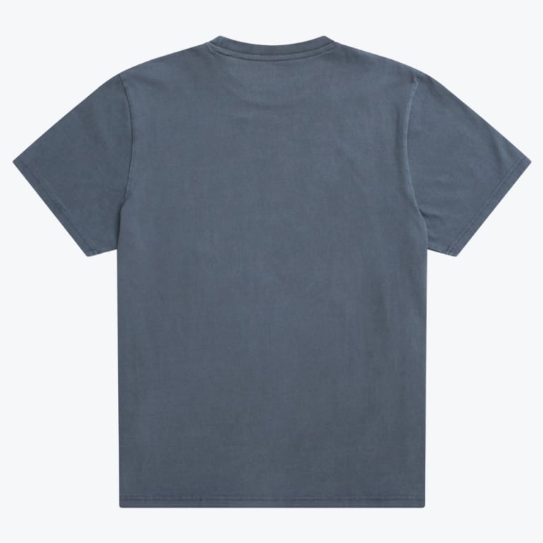 The back of a plain slate grey short-sleeve crew neck t-shirt laid flat against a white background.