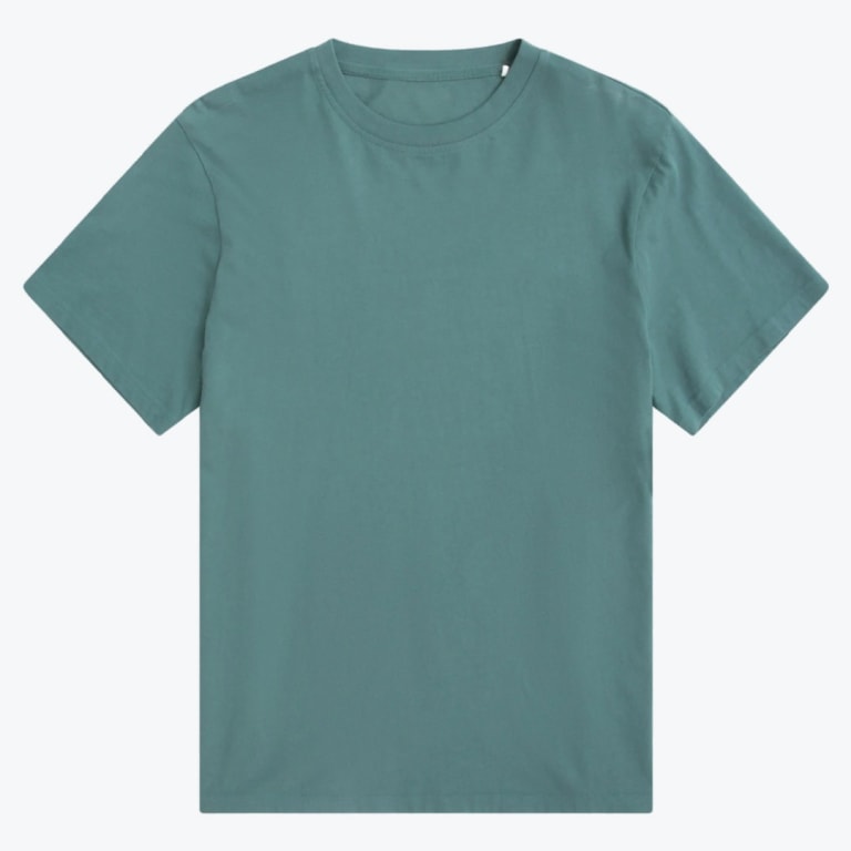 A plain teal short-sleeve crew neck t-shirt laid flat on a white background.