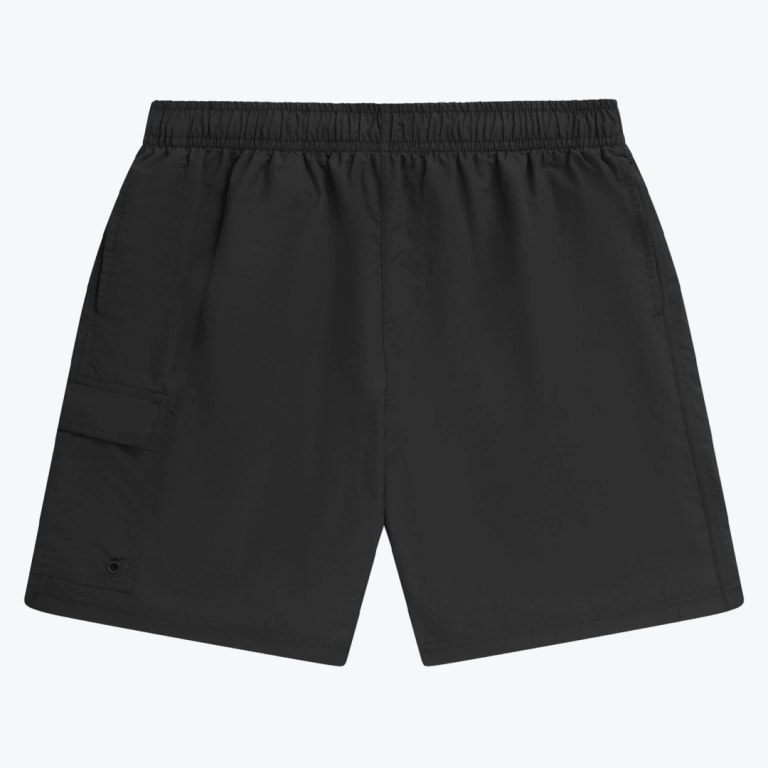A pair of solid black cargo swim shorts with an elastic waistband, side pockets, and a cargo pocket on the right leg, displayed against a plain white background.