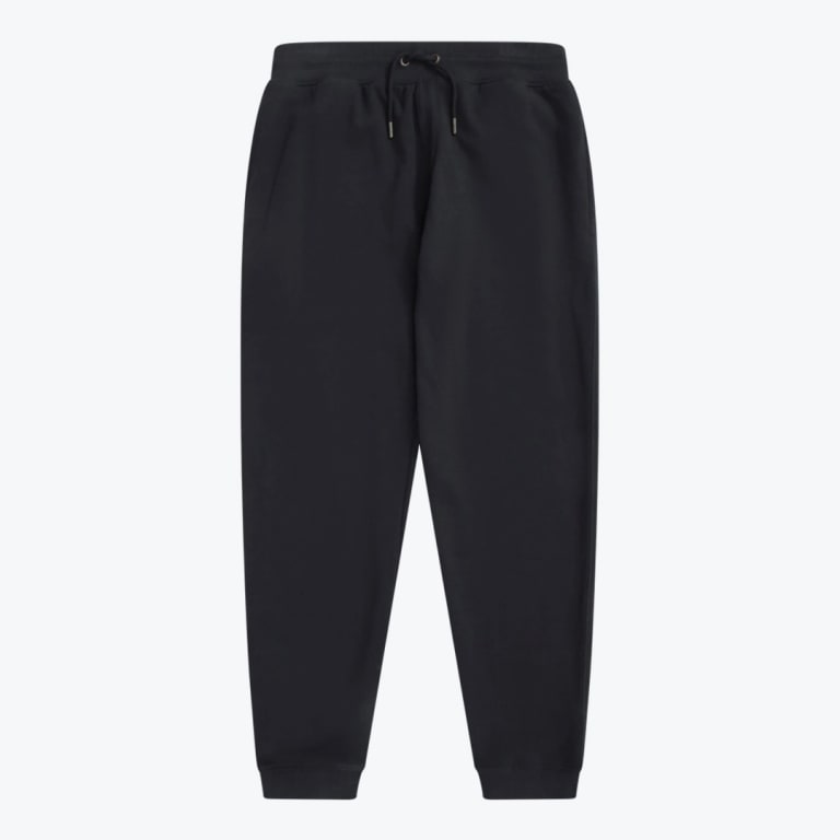 A pair of solid black jogger sweatpants with a drawstring waist and ribbed ankle cuffs, displayed against a plain white background.