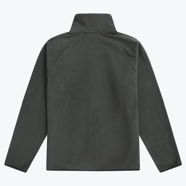 The back of a dark grey fleece jacket with a high collar and raglan sleeves, shown flat against a white background.