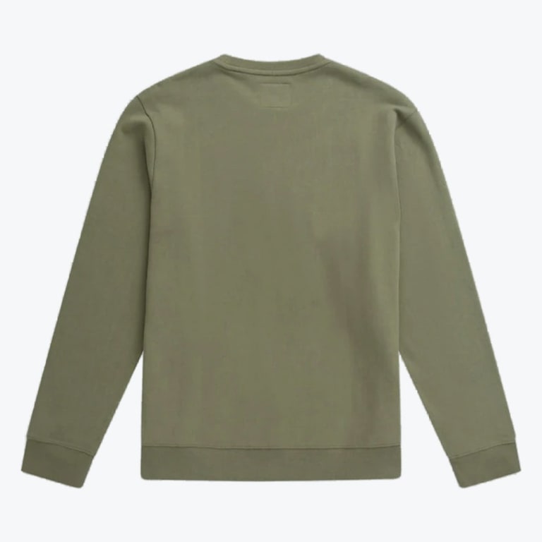 The back view of a plain olive green crewneck sweatshirt with long sleeves, ribbed cuffs, and a ribbed hem on a white background.