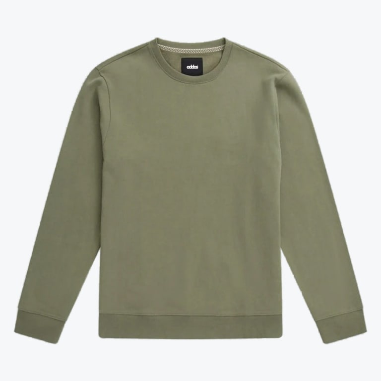 An olive green long-sleeve crewneck sweatshirt displayed flat against a plain white background.
