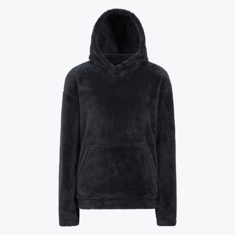 A plush black fleece hoodie with a kangaroo pocket and hood, displayed on a white background.