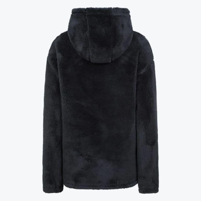 Back view of a fluffy, dark grey fleece hoodie with a hood, set against a plain white background.