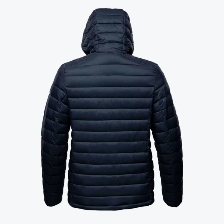 Back view of a dark navy blue hooded puffer jacket with horizontal quilting on a white background.