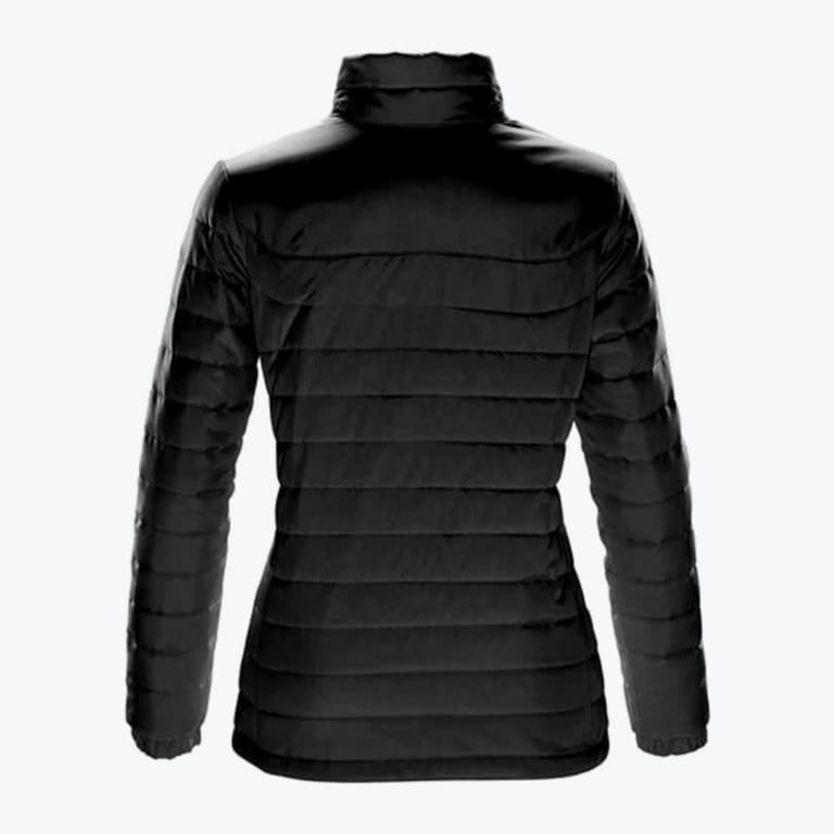 Back view of a fitted black quilted puffer jacket with a high collar on a white background.