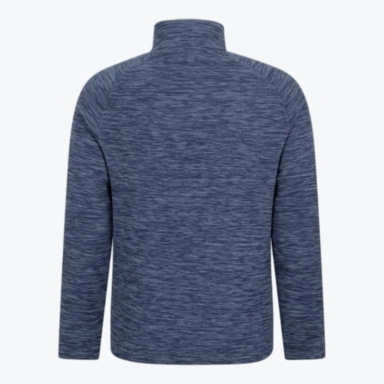 Back view of a blue heathered long-sleeve pullover with a high collar.