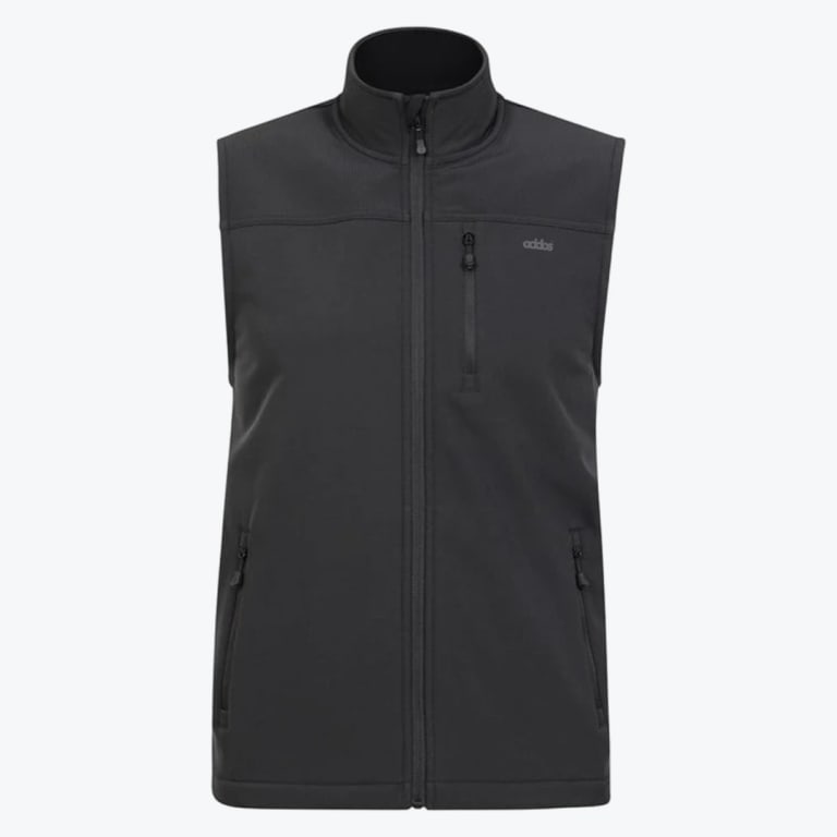A front view of a black Addos sleeveless vest with a full zipper, high collar, and multiple zippered pockets against a plain white background.