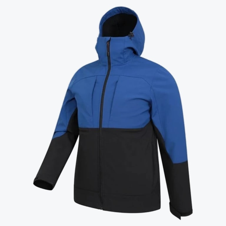 A two-tone blue and black hooded technical jacket with a full zipper, shown against a plain white background.