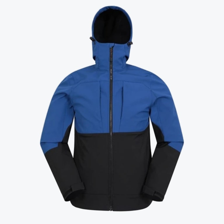 A blue and black hooded technical jacket with a full-length zipper, displayed against a plain white background.