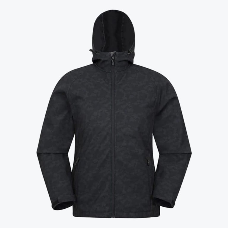 A front view of a black hooded softshell jacket with a subtle camo pattern, displayed against a plain white background.