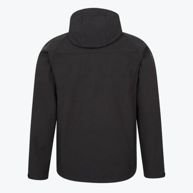 Back view of a solid black hooded jacket with raglan sleeves on a white background.