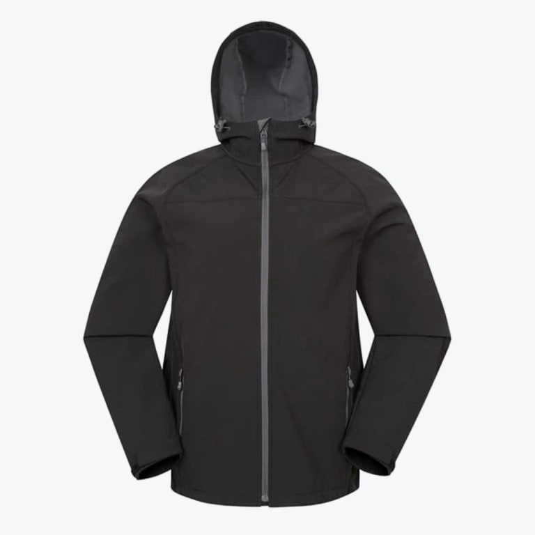 A front view of a black hooded softshell jacket with a grey zipper and side pockets on a white background.