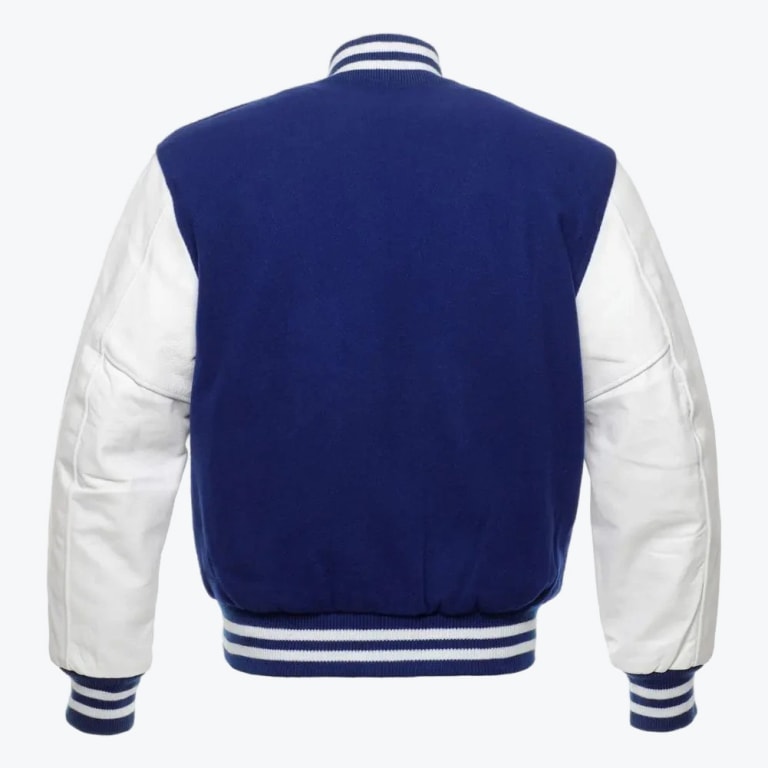 Back view of a blue and white varsity jacket with striped collar, cuffs, and waistband.