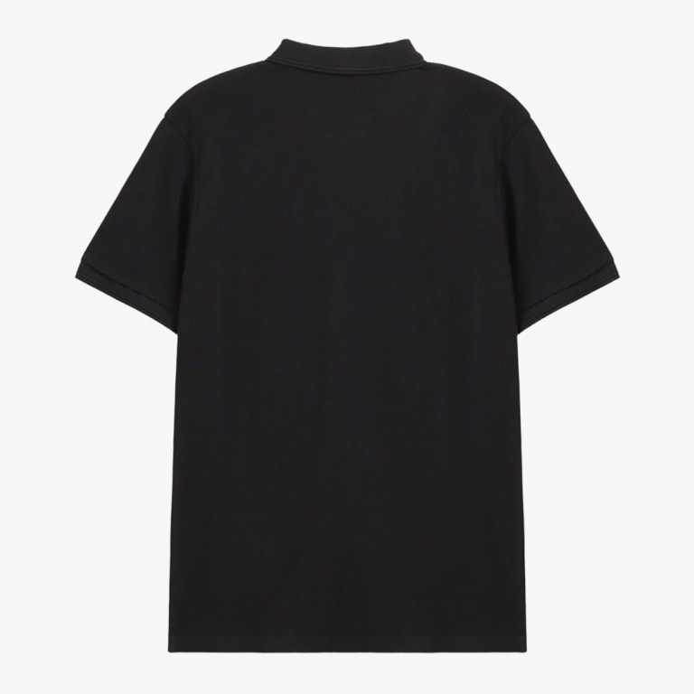 Back view of a plain black short-sleeve polo shirt against a white background.