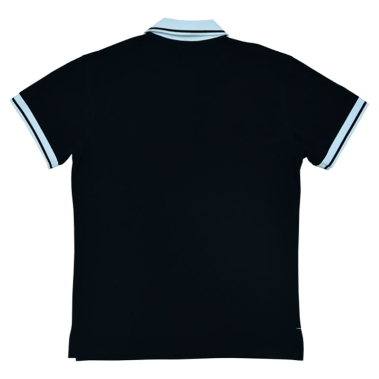The back of a black short-sleeved polo shirt with a light blue collar and cuffs featuring thin black stripes, displayed flat on a white background.