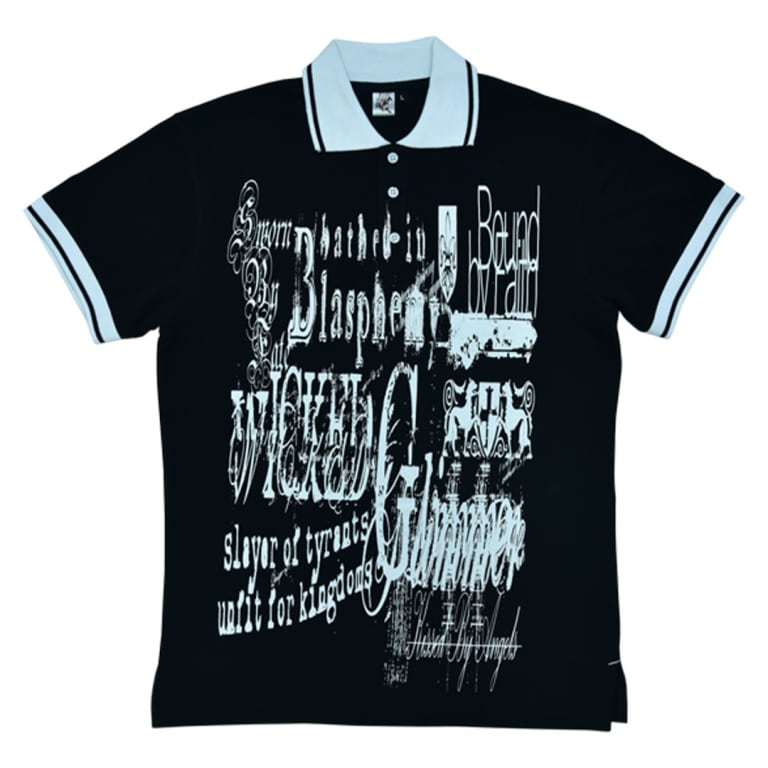 A black short-sleeved polo shirt with a light blue collar and cuffs, featuring a large, distressed white and light blue gothic text graphic on the front.
