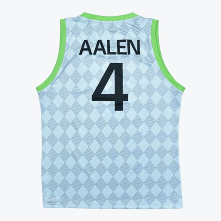 Back view of a light blue diamond-patterned basketball jersey with green trim, featuring the name AALEN and the number 4 in black.