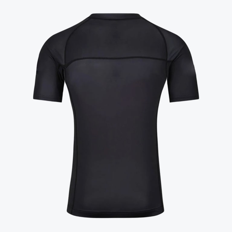 Back view of a black short-sleeved compression shirt with raglan sleeves and flatlock seams on a white background.