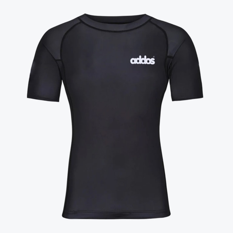 A black short-sleeve compression shirt with a white addos logo on the left chest.