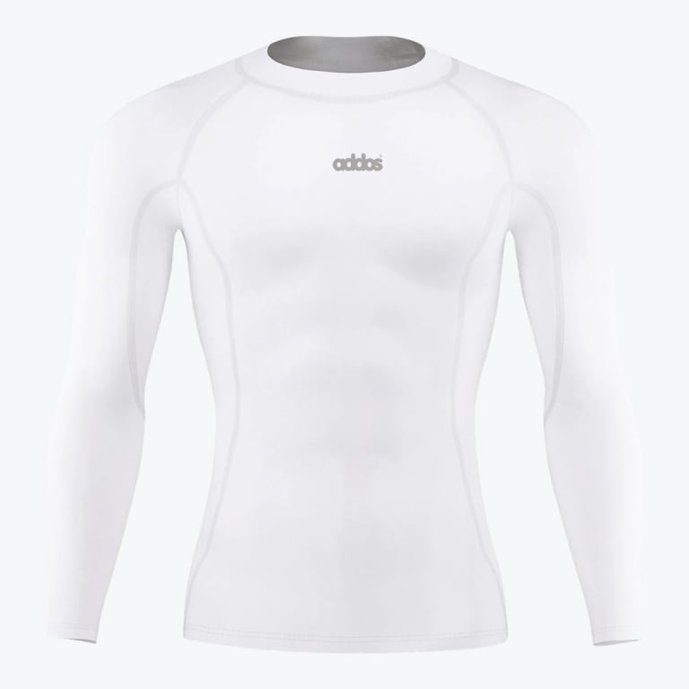 A white long-sleeve compression shirt with the grey addos logo on the center chest, displayed against a plain white background.