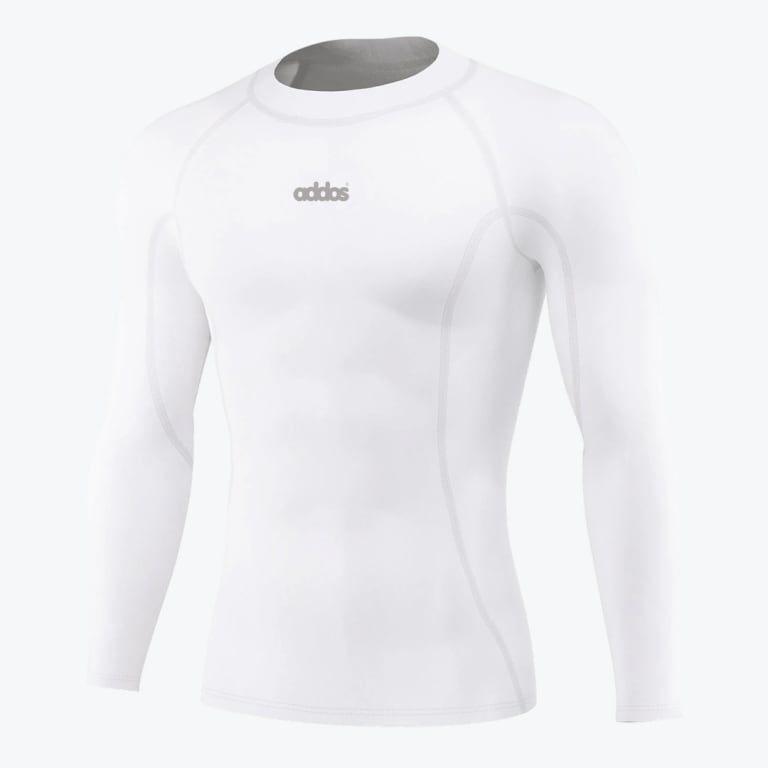 A white long-sleeve compression shirt with a crew neck and a grey logo on the chest, displayed against a plain white background.