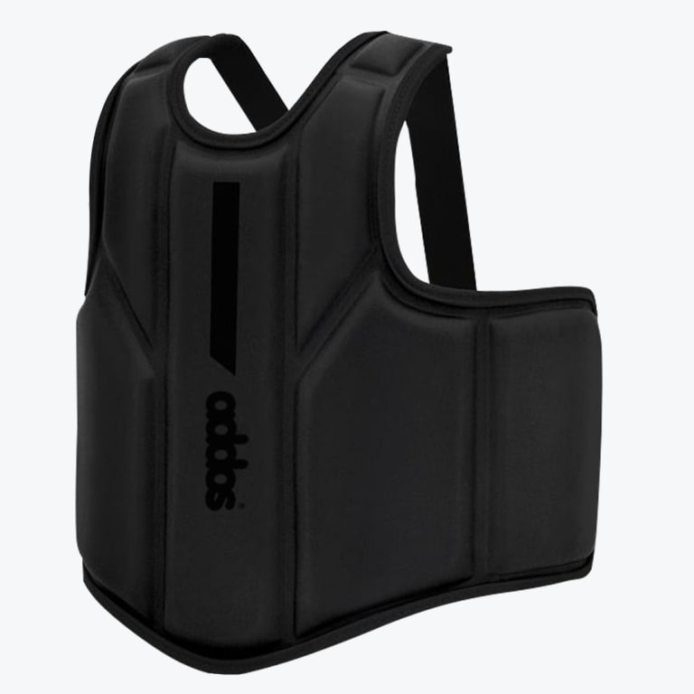 A black Addos martial arts chest guard with padded panels and shoulder straps on a white background.