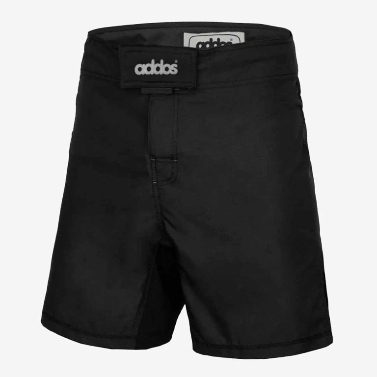 A front view of black Addos athletic shorts with a velcro waistband closure on a solid white background.