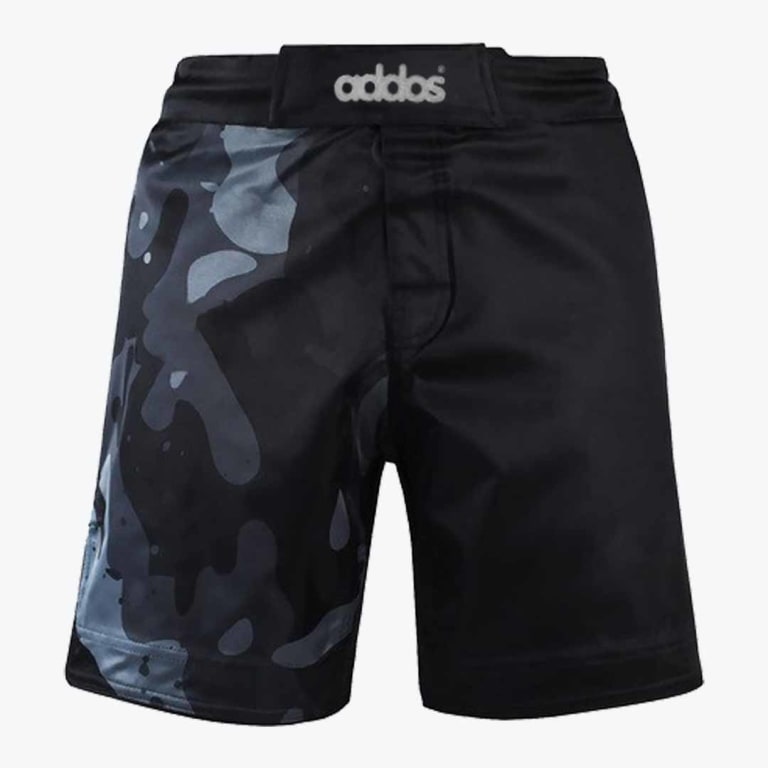 A pair of black athletic shorts with a dark gray camo pattern on one leg and the brand name addos on the waistband.