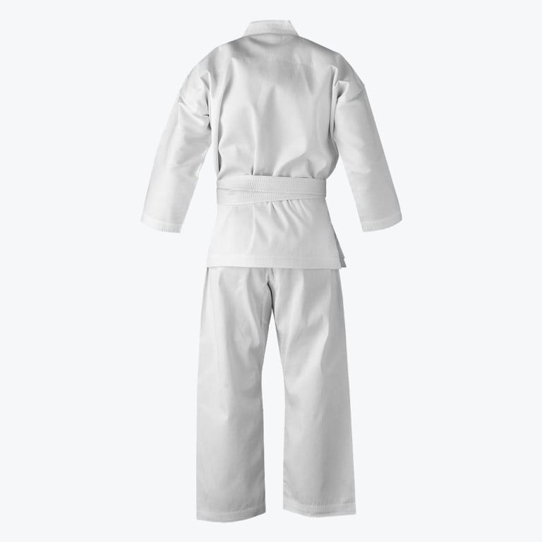 The back view of a white martial arts uniform with a jacket, white belt, and pants, isolated on a white background.