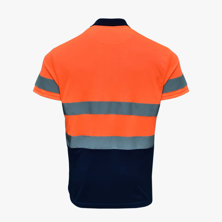 Back view of a high-visibility orange and navy blue polo shirt with reflective silver stripes.