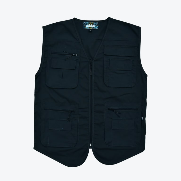A black utility vest with multiple zippered and flap pockets, a front zipper, and a V-neck, shown flat against a white background.