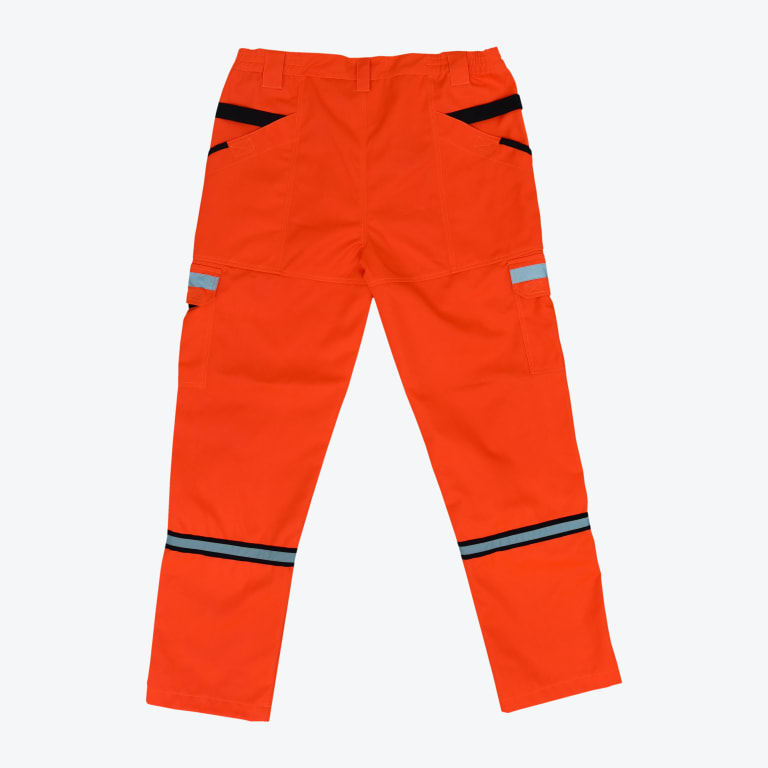 Back view of bright orange high-visibility work pants with reflective silver stripes on the lower legs and multiple pockets, set against a white background.