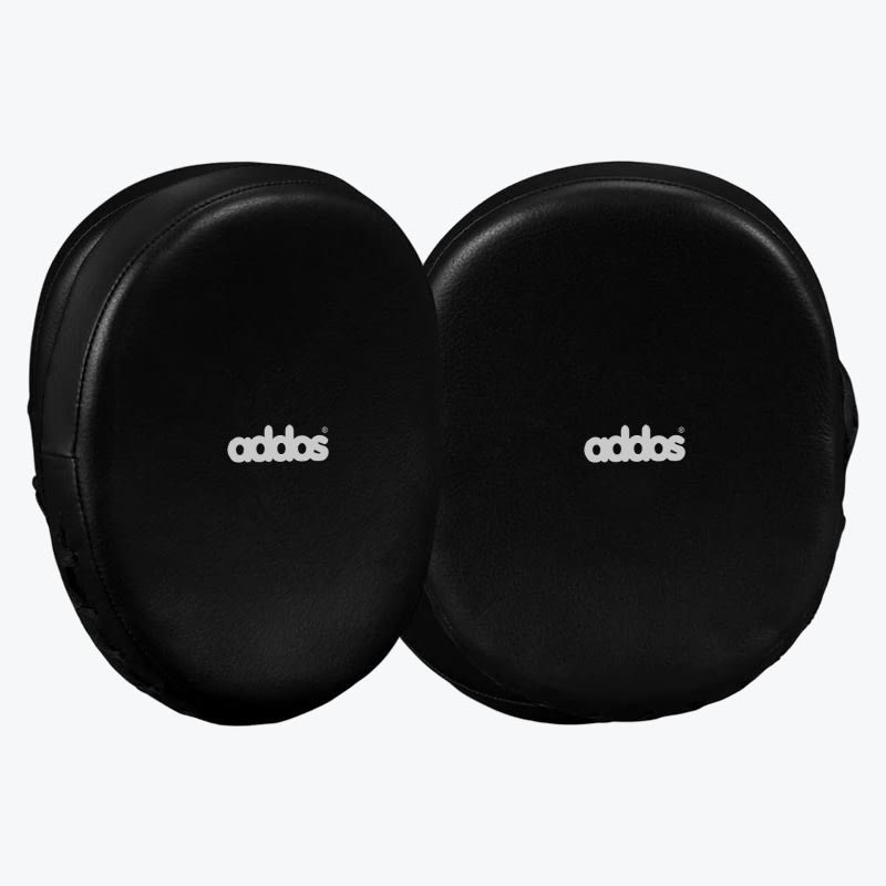 A pair of black oval-shaped boxing focus mitts with the white addos logo in the center, displayed on a white background.