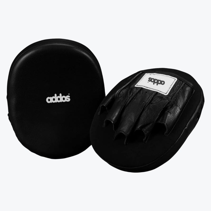 A pair of black Addos boxing focus mitts, one showing the front striking surface and the other showing the back glove compartment.