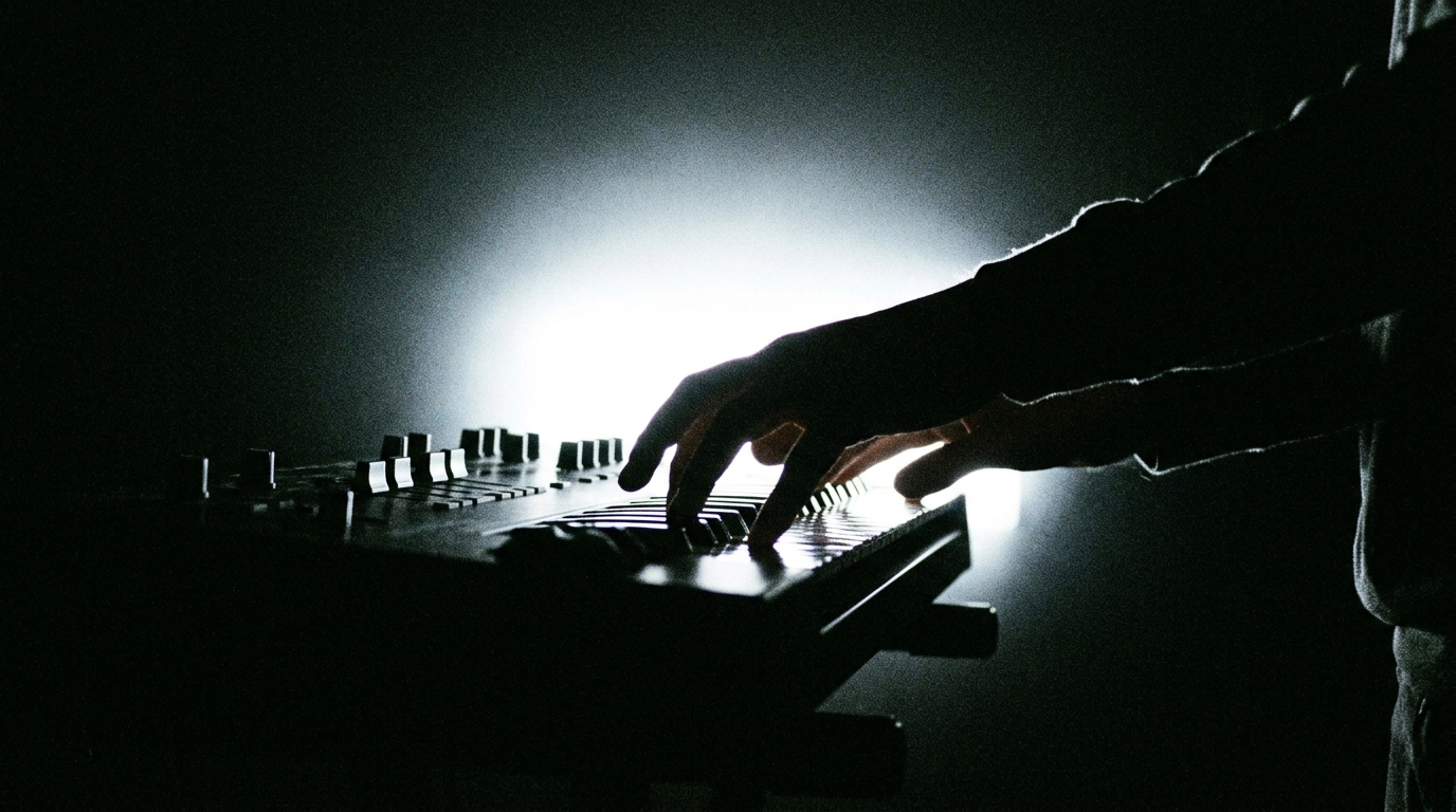Silhouette of hands on a synth keyboard against a single hard light source