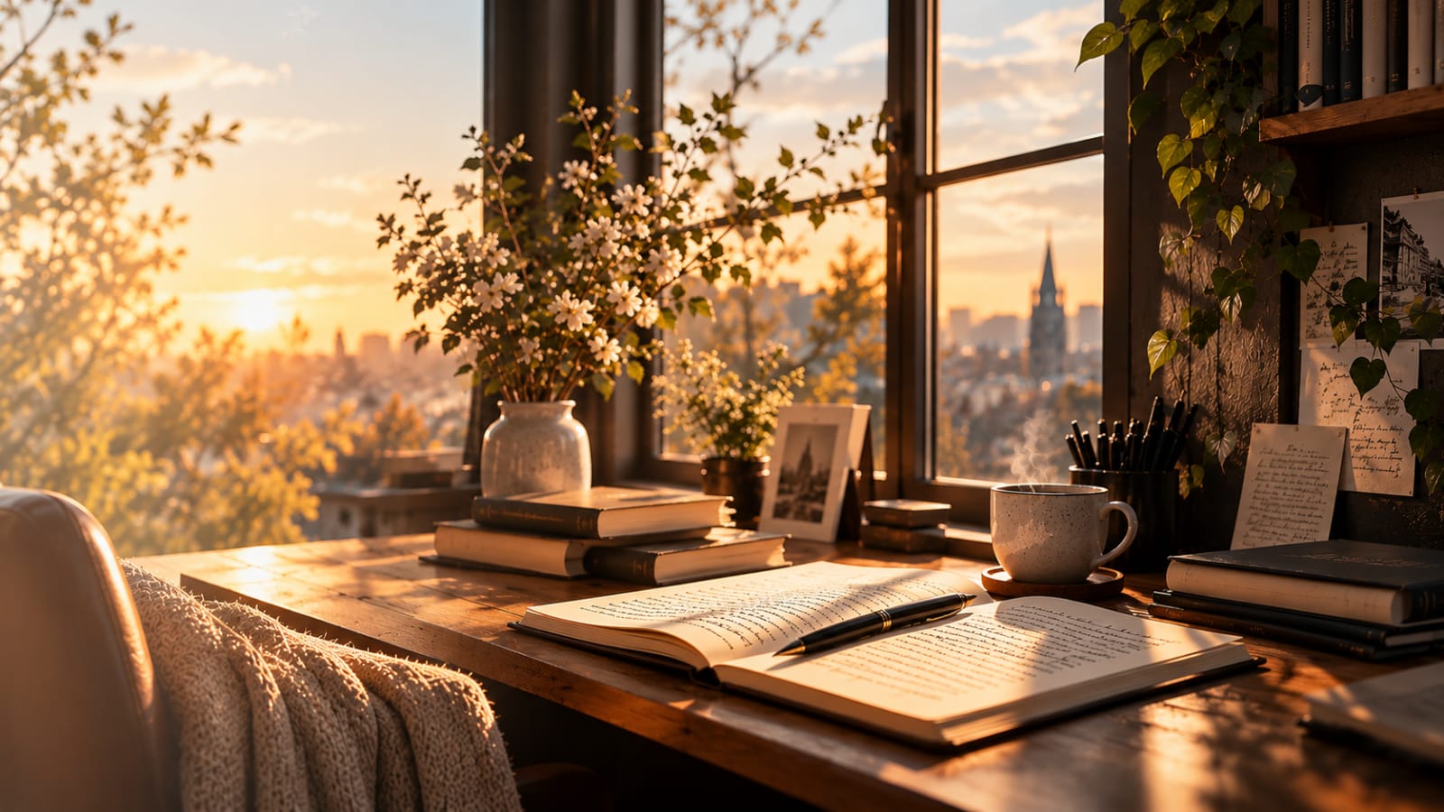 Atmospheric literary writing desk with notebook, brass lamp and warm afternoon sunlight