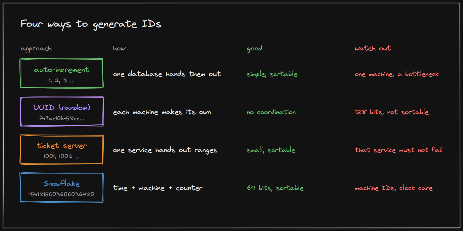Auto-increment, random UUIDs, a ticket server and Snowflake compared