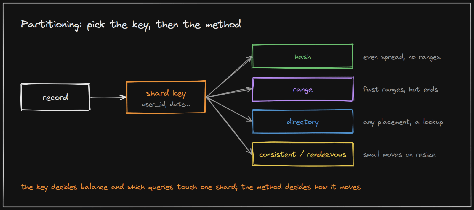 A record's shard key, combined with a partitioning method, decides which shard holds it