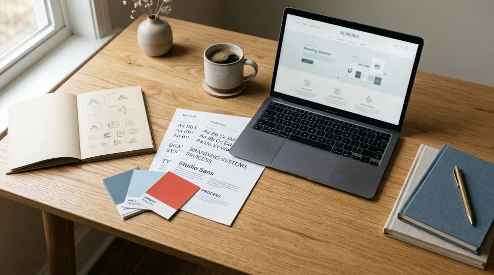 Muestras de color, tipografías y bocetos de identidad de marca junto a una laptop
