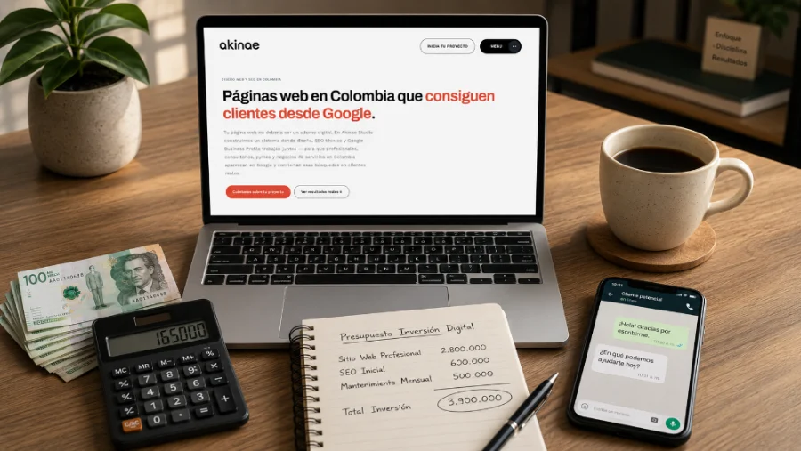 Escritorio con laptop mostrando una página web y calculadora, ilustrando el cálculo del precio de una página web en Colombia