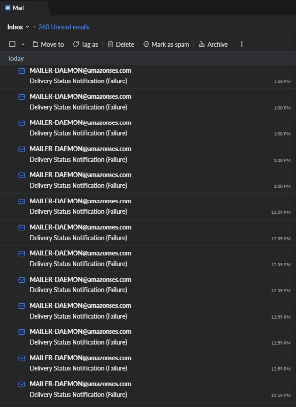Inbox llena con mensajes de error