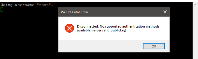 Mensaje de error en PuTTy cuando password authentication no se permite